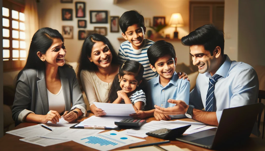 An Indian family sitting around a table, discussing tax documents