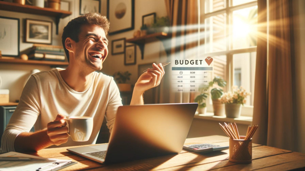 a person happily reviewing their budget on a laptop with a cup of coffee