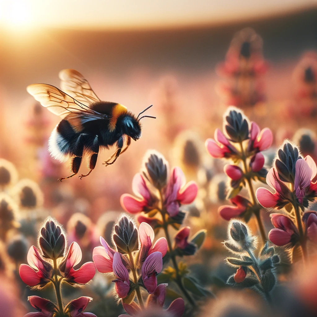 bumblebee flying over a field of flowers