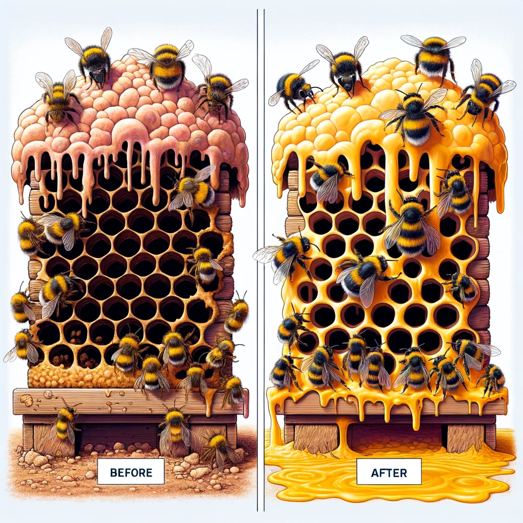 comparison of a healthy bumblebee hive and a hive affected by neonicotinoid