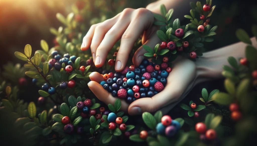 hands picking edible wild berries from a bush