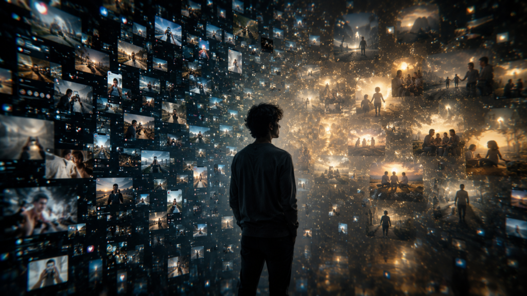 Person stands with back to the viewer, surrounded by floating photo thumbnails and glowing light, symbolizing a digital memories landscape.
