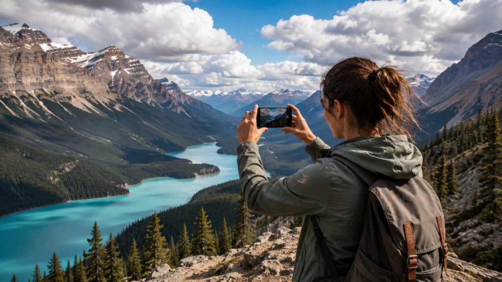 Woman with backpack on a rocky ridge takes a photo of a turquoise glacial lake in a valley surrounded by mountains and trees.