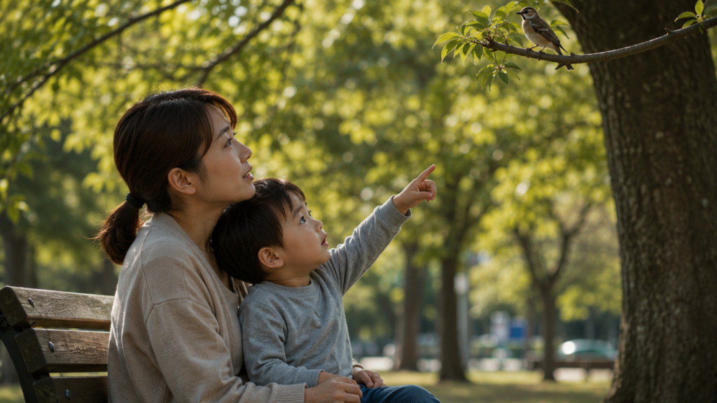 Mother and child sit on a park bench, the child pointing at a bird perched on a tree branch overhead.
