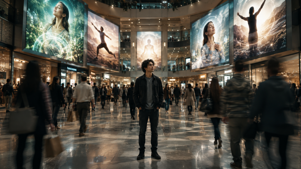 Young man in a black jacket stands in a busy shopping mall, looking upward, surrounded by large digital billboards and shoppers.