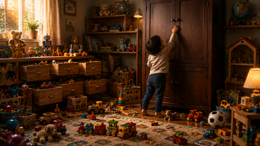 Child reaching into a large dark wooden cabinet in a cozy toy-filled playroom lit by sunlight from a window.
