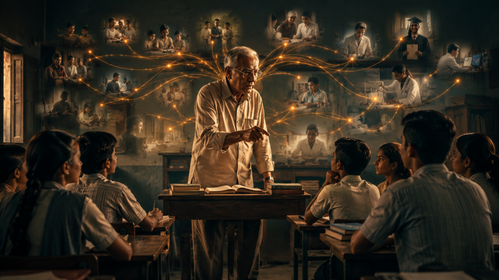 Senior teacher at a desk guiding a class, with golden light trails connecting to various study and lab scenes in the background.