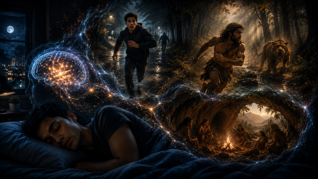A sleeping man in bed with a vivid dreamscape: burning neural glow forming scenes of chase, mythic warrior, and a campfire gathering.