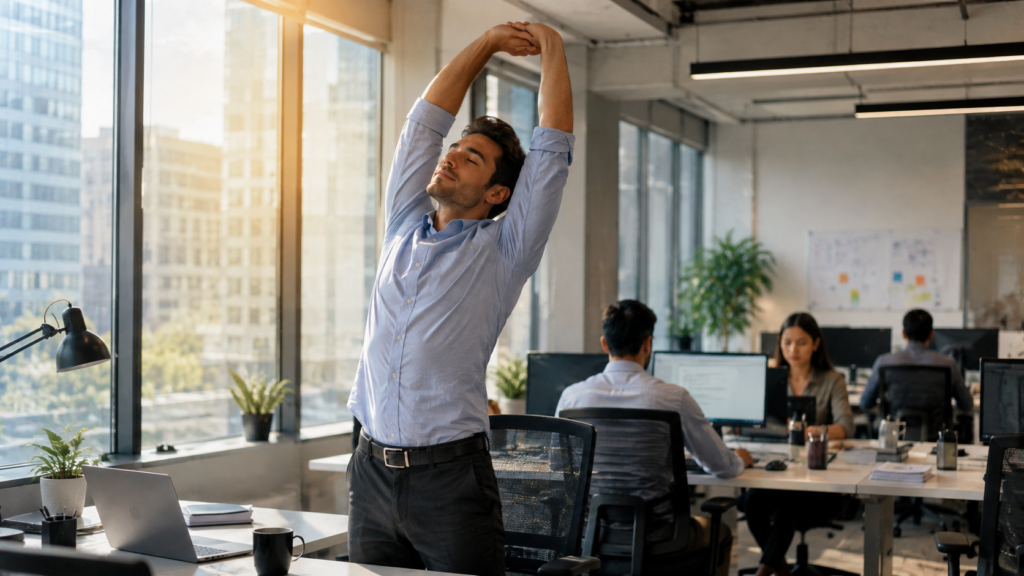 A man in a light blue shirt stretches his arms above his head in a bright open-plan office, coworkers at desks behind him.