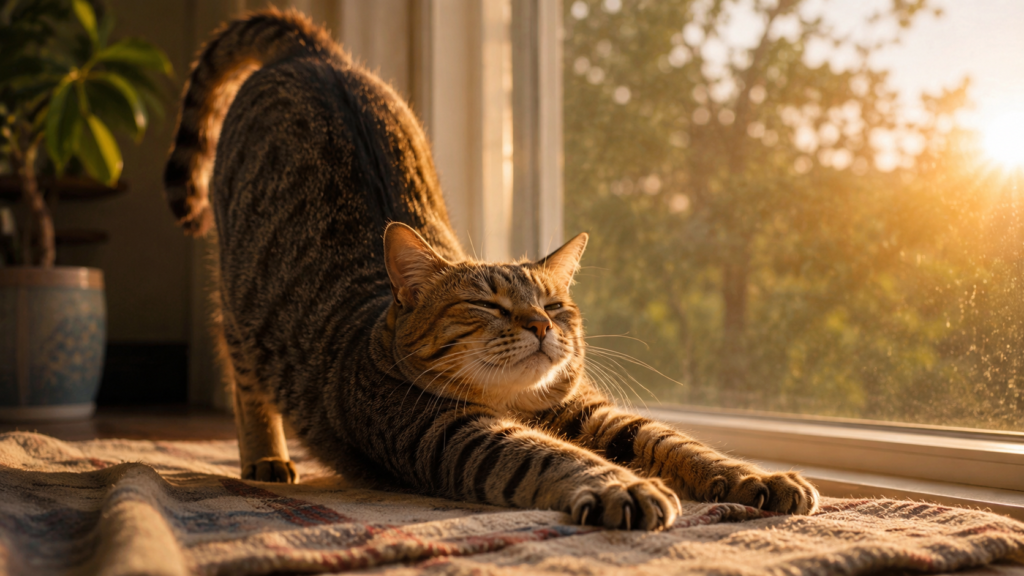 Cat stretching on a rug by a sunlit window, warm light highlighting its striped fur.
