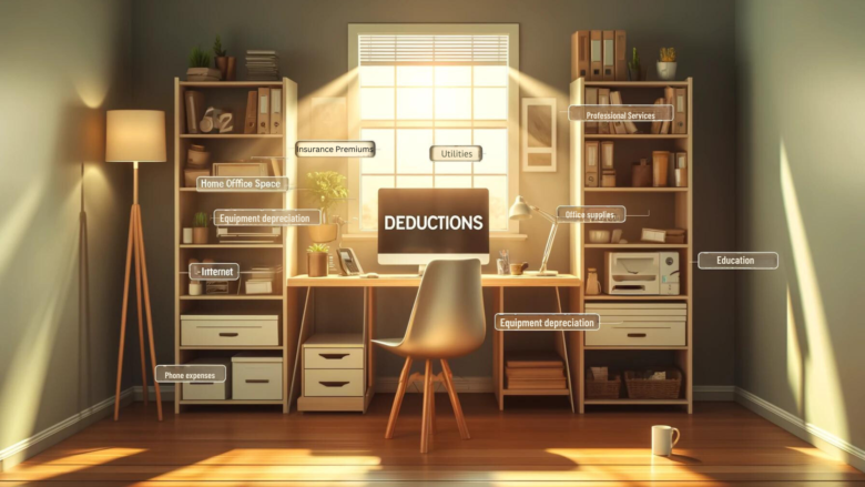 An illustration of a home office setup with labeled deductions