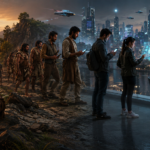 Montage showing humanity from cave-dwellers by a campfire to people using tablets and a futuristic city with a robot