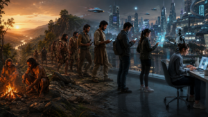 Montage showing humanity from cave-dwellers by a campfire to people using tablets and a futuristic city with a robot