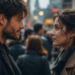Two people standing close in a crowded city street, facing each other and sharing a moment of connection.