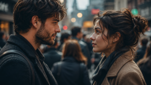 Two people standing close in a crowded city street, facing each other and sharing a moment of connection.