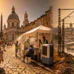 Sunlit Rome square with a baroque church dome, an obelisk, and a sculpted fountain; a white canopy shelters workers spraying cooling mist near the tracks on the right.
