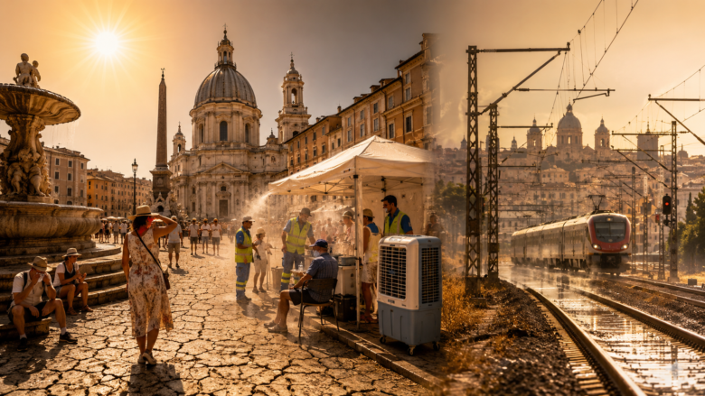 Sunlit Rome square with a baroque church dome, an obelisk, and a sculpted fountain; a white canopy shelters workers spraying cooling mist near the tracks on the right.