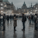 Two people talk in the middle of a crowded plaza, flanked by transparent display panels showing floating posts.