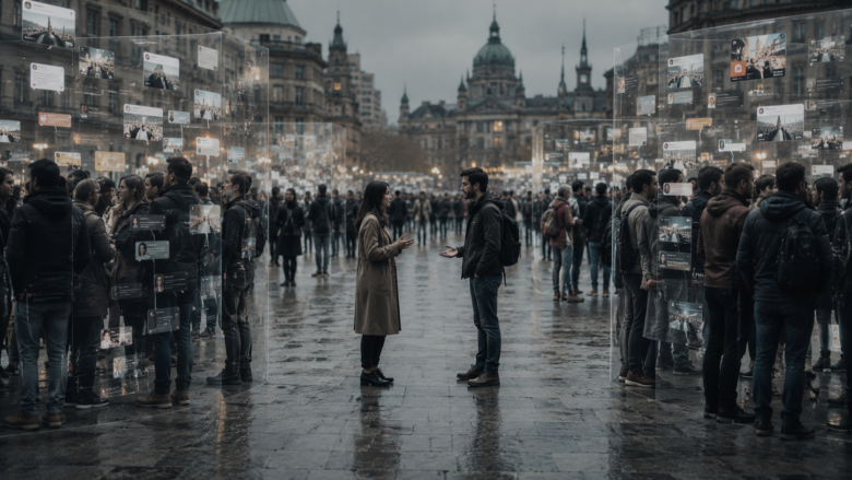 Two people talk in the middle of a crowded plaza, flanked by transparent display panels showing floating posts.