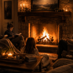 Family of four relaxing by a stone fireplace, reading books and enjoying the warm glow of the fire.