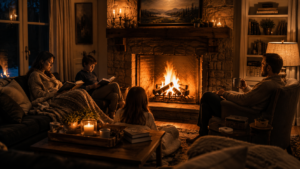 Family of four relaxing by a stone fireplace, reading books and enjoying the warm glow of the fire.