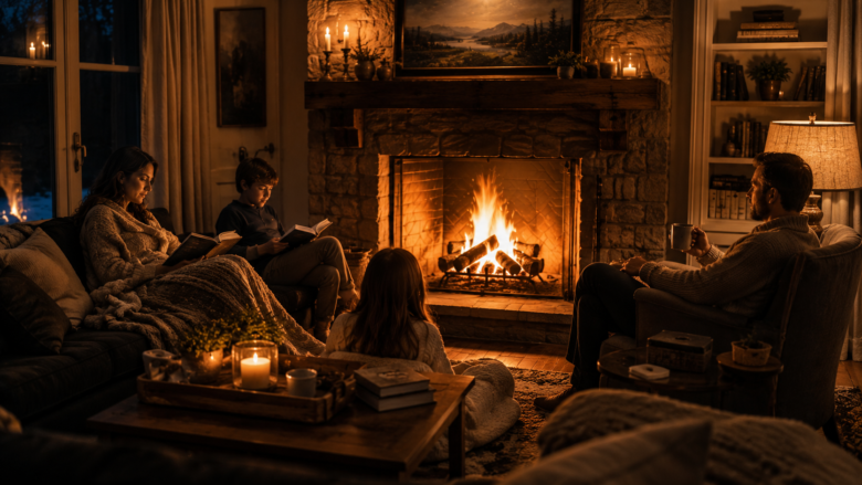 Family of four relaxing by a stone fireplace, reading books and enjoying the warm glow of the fire.