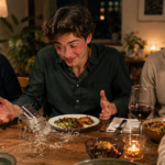 Friends laughing around a wooden dining table as a glass spills water near the center plate on the table.