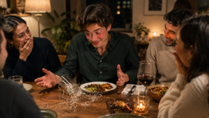 Friends laughing around a wooden dining table as a glass spills water near the center plate on the table.