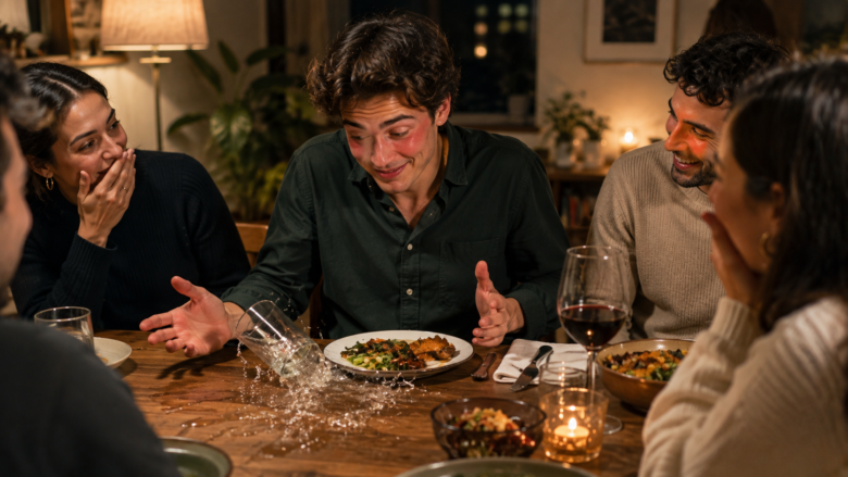 Friends laughing around a wooden dining table as a glass spills water near the center plate on the table.