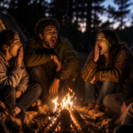 Six friends sit in a circle around a glowing campfire at night in a forest campsite; a tent and lantern are in the background while they yawn or relax together.