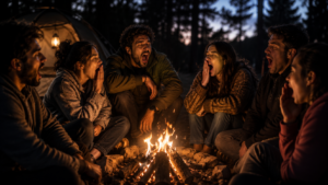 Six friends sit in a circle around a glowing campfire at night in a forest campsite; a tent and lantern are in the background while they yawn or relax together.