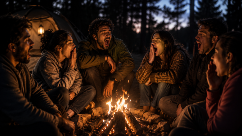 Six friends sit in a circle around a glowing campfire at night in a forest campsite; a tent and lantern are in the background while they yawn or relax together.