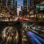 Nighttime city street with pedestrians and cars above ground, and a subway construction tunnel below with workers and a train inside. The scene shows blue-lit pipes and heavy machinery framing the tunnel.