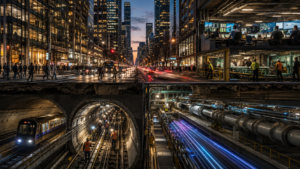 Nighttime city street with pedestrians and cars above ground, and a subway construction tunnel below with workers and a train inside. The scene shows blue-lit pipes and heavy machinery framing the tunnel.