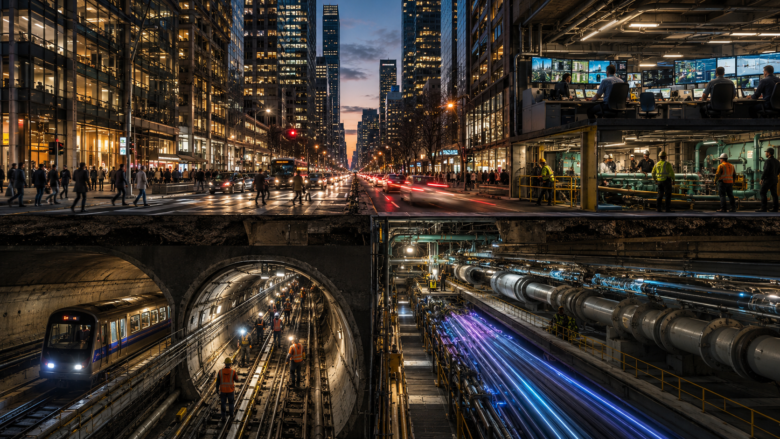 Nighttime city street with pedestrians and cars above ground, and a subway construction tunnel below with workers and a train inside. The scene shows blue-lit pipes and heavy machinery framing the tunnel.