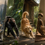 Six-panel collage: sunset lion, gray wolf, chimpanzee, golden retriever, stretching tabby cat, and a man stretching indoors.