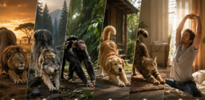 Six-panel collage: sunset lion, gray wolf, chimpanzee, golden retriever, stretching tabby cat, and a man stretching indoors.