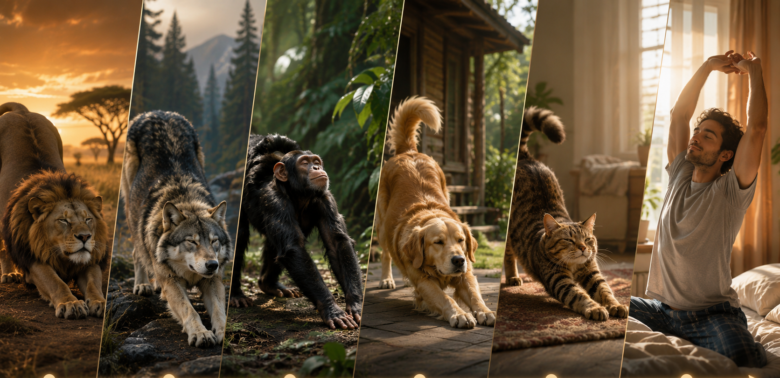 Six-panel collage: sunset lion, gray wolf, chimpanzee, golden retriever, stretching tabby cat, and a man stretching indoors.